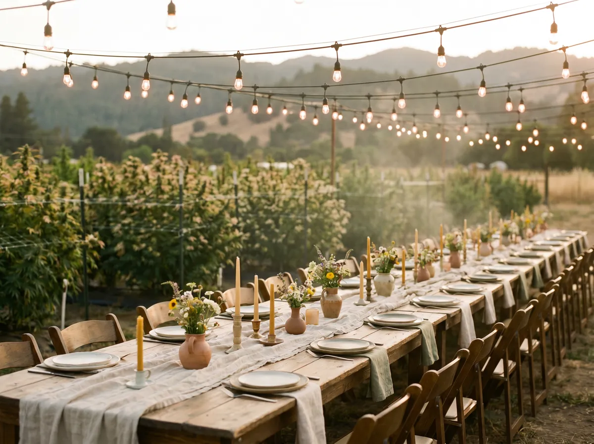 A long candlelit harvest dinner table set under string lights in a sun-grown cannabis field at golden hour.