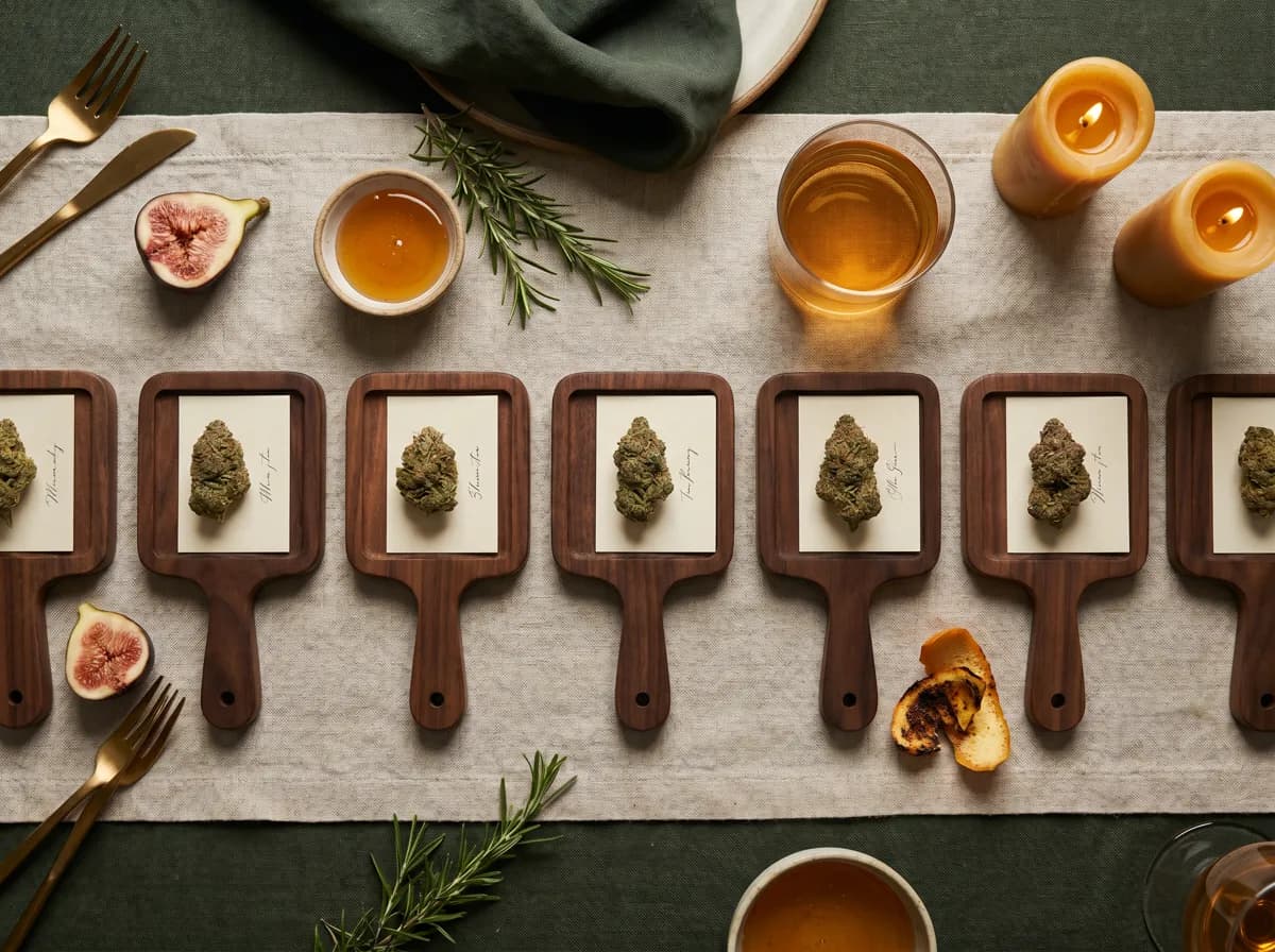 A flat-lay tasting flight of single cannabis buds arranged on walnut serving boards beside figs, rosemary, honey, and natural wine.