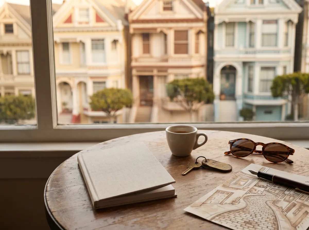 A linen-bound travel guide on a sunlit cafe table with espresso, brass key, sunglasses, and a hand-drawn map; pastel Victorian houses visible through the window.