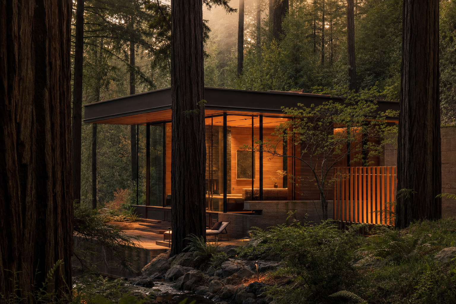 A modern wooden cabin nestled in a Northern California redwood forest at golden hour.