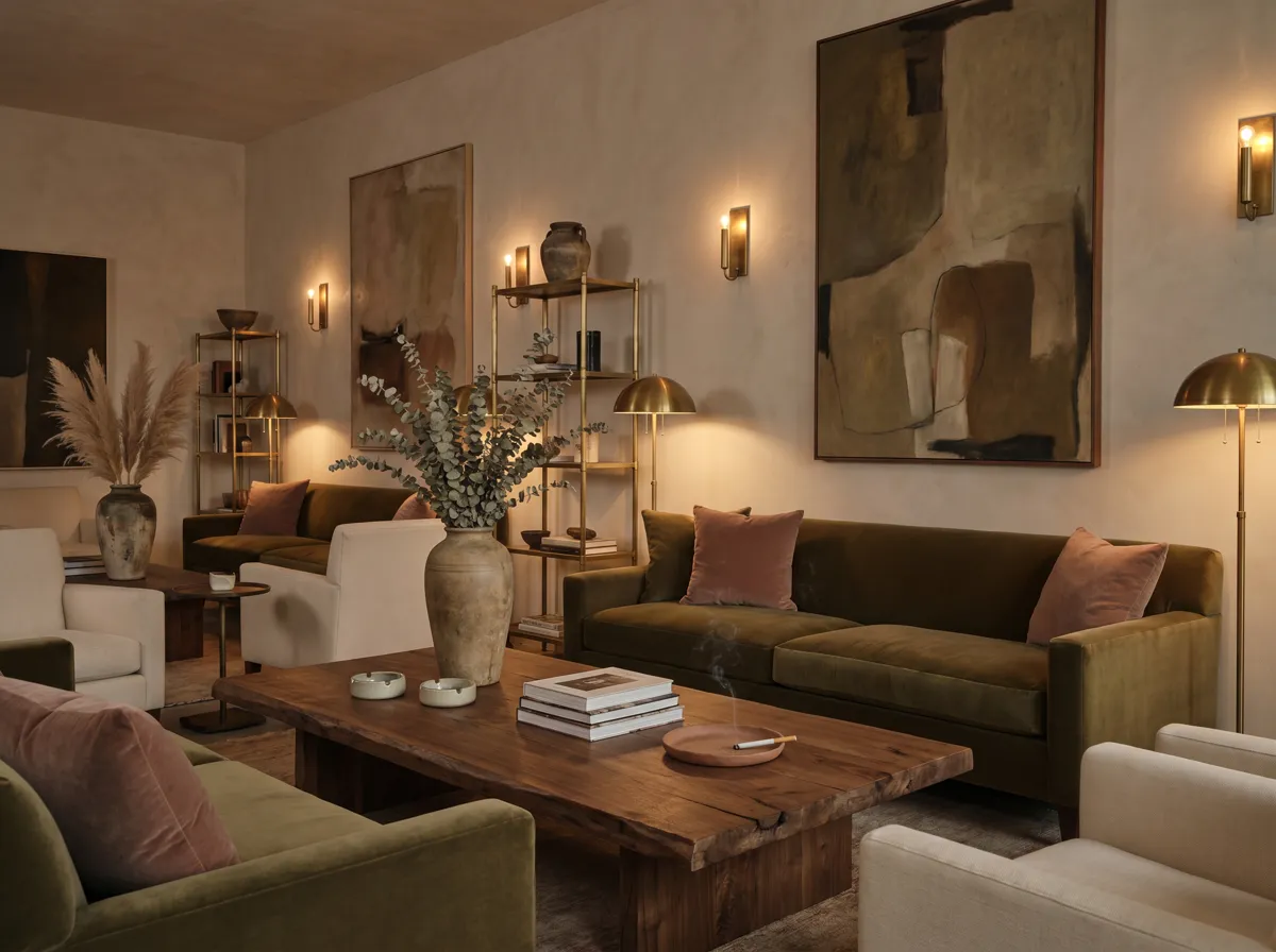 A design-forward members' lounge interior with deep olive velvet sofas, brass accents, and warm tungsten lighting.