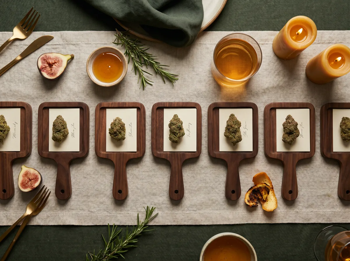 A flat-lay tasting flight of single cannabis buds arranged on walnut serving boards beside figs, rosemary, honey, and natural wine.